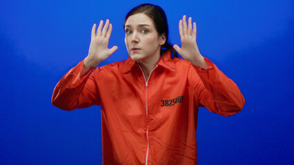 Woman in orange prison jumpsuit against blue background expresses frustration covering ears and...