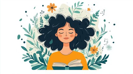 Stress reducing hobbies. Young woman reading a book surrounded by plants.