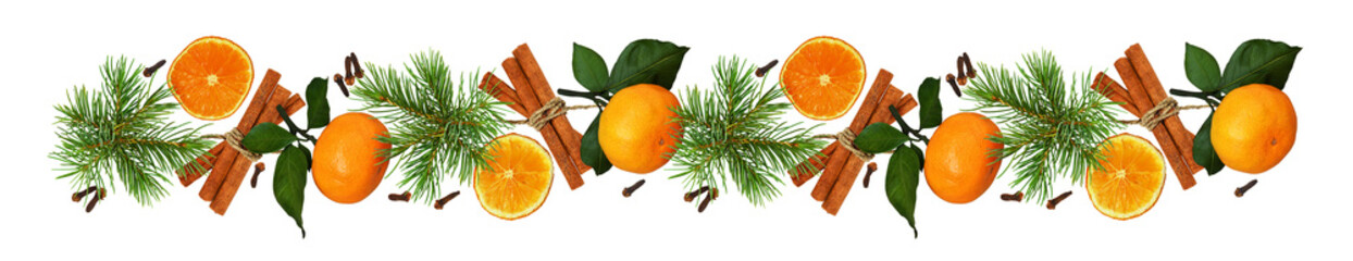 Christmas loopable pattern with green tree twigs, tangerines and festive spices isolated on white or transparent background