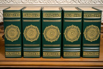 Stack nine books arranged row wooden shelf are Stacks of green