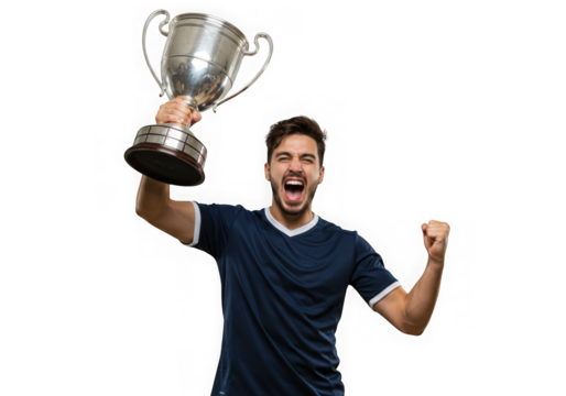 Soccer player celebrating victory by holding a trophy isolated on transparent background