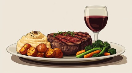 Gourmet steak dinner plated alongside truffle mashed potatoes, sauteed vegetables, and a glass of red wine.