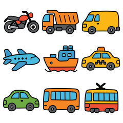 Hand-drawn cartoon transport icon set isolated on white background. Motorcycle, dump truck, minibus, airplane, ship, taxi, car, bus, tram. Vector illustration.