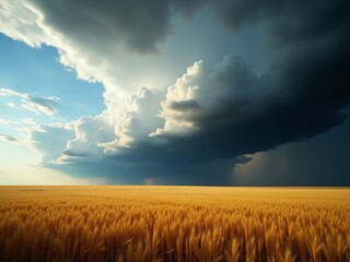 Naklejka premium Golden wheat field under dramatic storm clouds, conveying natural power and change, perfect for atmospheric themes.