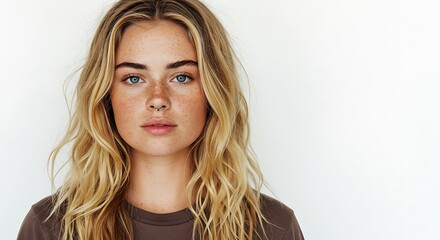 Fototapeta premium Young white woman with freckles, long wavy blond hair, casual jeans and t-shirt, confident stance, isolated against white background.