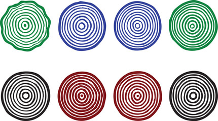 Circle design vector set with tree ring style round line textures in two rows