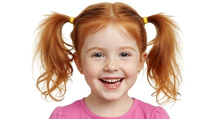 Little red-haired girl, freckles on her face, voluminous curly hair in pigtails, cheerful and spontaneous expression, isolated against a white background.