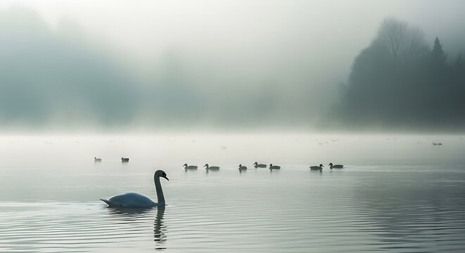 Misty Morning Swan and Ducks on a Serene Lake. - Powered by Adobe