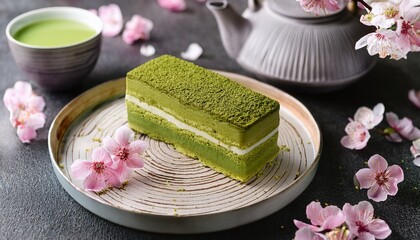 Sakura Matcha Dessert Recipe Layered Cake With Cherry Blossoms Japanese Sweets And Tea Aesthetic Food Photography