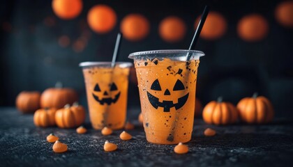 Two plastic cups black straw each cup Three Halloween themed drinks