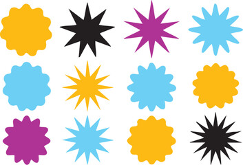 Collection vector set of colorful starburst and rosette symbols arranged in rows