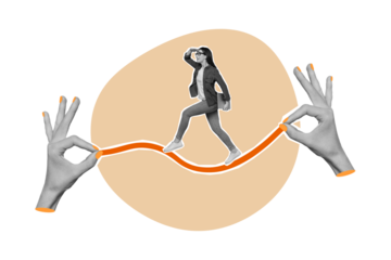 Composite trend artwork 3D sketch image photo collage of silhouette two huge hands show gesture okay hold rope young lady walk seach way