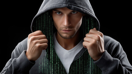 Mysterious figure in hoodie stands against dark background, surrounded by digital code, evoking sense of intrigue and cybersecurity