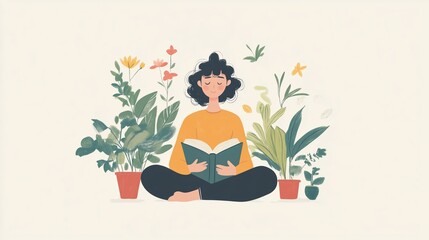 Stress reducing hobbies. Young woman reading a book surrounded by plants.