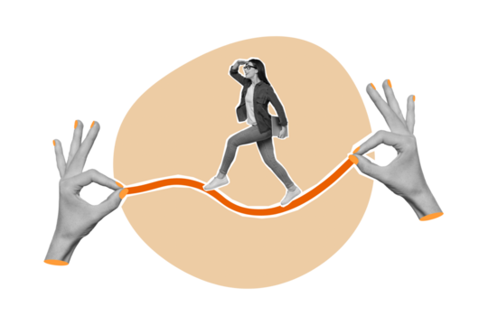 Composite trend artwork 3D sketch image photo collage of silhouette two huge hands show gesture okay hold rope young lady walk seach way - Powered by Adobe