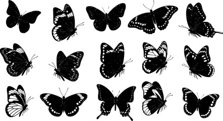 Fototapeta premium Flying butterflies silhouette black set isolated on transparent background