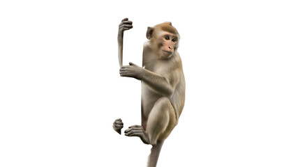 A monkey clinging to a vertical branch with a white background.