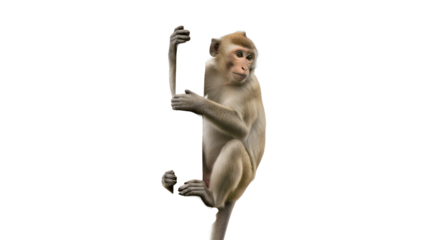 A monkey clinging to a vertical branch with a white background.