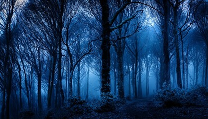 Obraz premium A Forest With Trees That Are Dark And Blue
