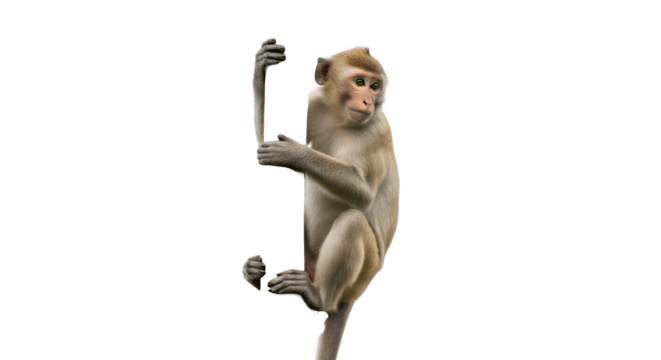 A monkey clinging to a vertical branch with a white background.