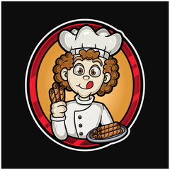 Curly man chef with Cheese roll cartoon