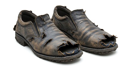 A torn pair of shoes with worn-out soles, symbol of poverty, isolated on white background, hyper-detailed