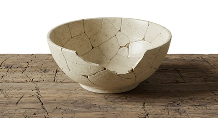 An old, broken empty bowl placed on a cracked wooden table, isolated on a white background, highly detailed, realistic shadows