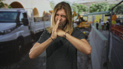Man holds open palm forward and clenches fist at building site beside white truck under bright sunlight; defiance.