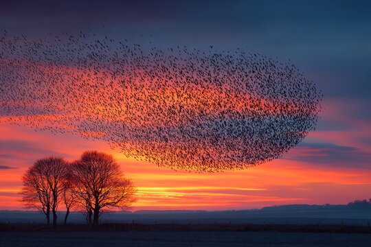 A murmuration of starlings against a brilliant sunset sky