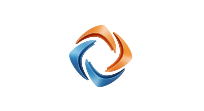 Abstract swirling geometric logo design with blue and orange elements.