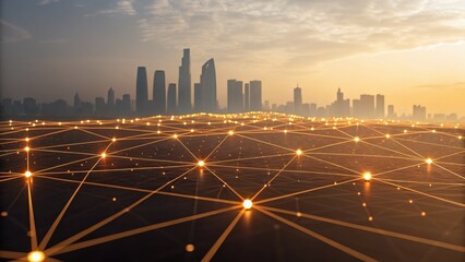 Abstract digital network with glowing nodes against city skyline