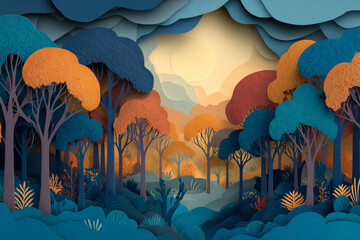 Abstract autumn forest layer papercut background. Serene landscape, beautiful nature background