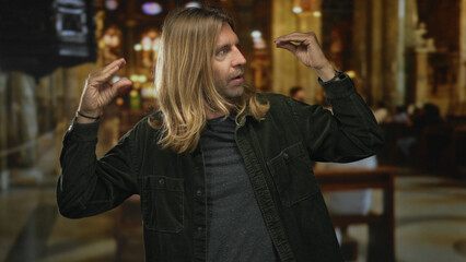 Blond man with long hair frames air with hands amid gothic columns in candlelit building interior; contemplation.