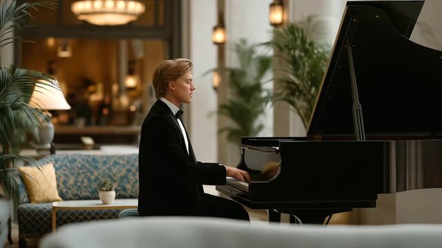 male pianist playing in chic hotel lobby soft jazz atmosphere polished marble elegant scene three quarter wide angle cinematic color correction gentle backlight clean negative