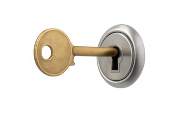 Golden key entering a shiny metal lock cylinder, representing security, solution, and access on transparent background