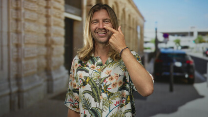 Fototapeta premium Man with long blond hair smiles and points finger to nose on sunny street in front of stone building; pure happiness.