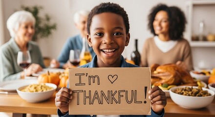 A smiling young boy proudly holds a handmade sign that says i m thankful in front of his family during a festive thanksgiving dinner celebration with a roasted turkey and various side dishes