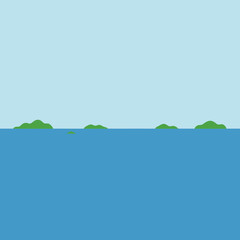 Obraz premium A minimalist illustration of a calm blue ocean with a clear sky and distant green islands on the horizon.