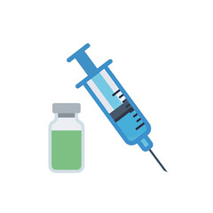 Medical syringe with blue liquid and a vial with green liquid, representing vaccination or injection.