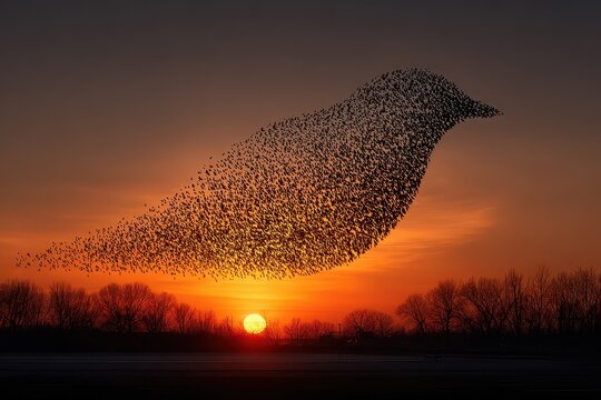 Murmuration of starlings in flight against a vibrant sunset