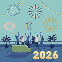 Clean modern flat vector scene of a rooftop New Year&rsquo;s Eve party