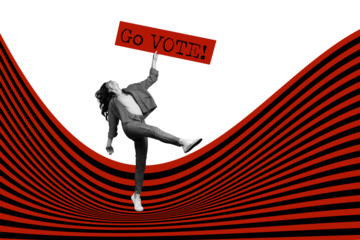 Composite artwork 3D collage of call election choice democracy young lady walk step line hand hold placard banner go vote make choice