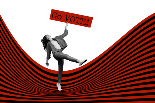 Composite artwork 3D collage of call election choice democracy young lady walk step line hand hold placard banner go vote make choice