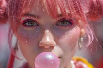 Close-up shot of a girl with pink hair in two buns and pink iridescent makeup with a pink bubble gum in her mouth