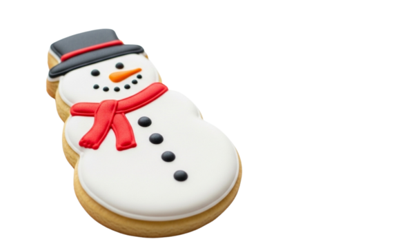 Delicious snowman cookie with red scarf and black hat isolated on transparent background