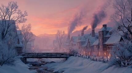 Scenic winter village at sunset with snow-covered houses and chimney smoke, cozy holiday landscape surrounded by frosty mountains, trees, and bridge glowing in a peaceful seasonal atmosphere.