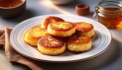 Syrniki Or Fried Cottage Cheese Pancakes On White Plate On The Table