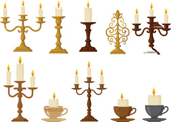 Candle Holder Vector Set Featuring Candelabra, Teacup Candles, and Decorative Styles for Home Decor, Festive, and Interior Design Projects