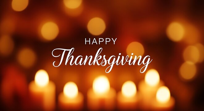 Warm and inviting happy thanksgiving greeting with soft glowing candles and bokeh lights creating a cozy and festive atmosphere for the holiday season celebration