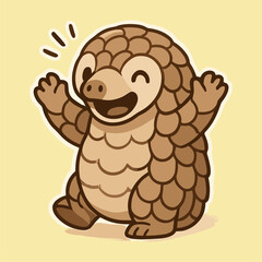 Happy cartoon pangolin mascot waves arms
